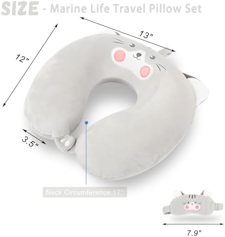 MissSoul Kids Travel Pillow with Eye Mask - Grey Cat