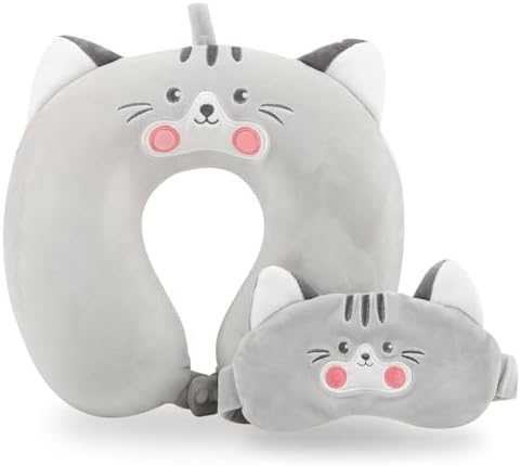 MissSoul Kids Travel Pillow with Eye Mask - Grey Cat