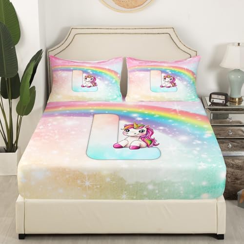 Manfei Unicorn Letter L Starry Rainbow Bed Sheet Set