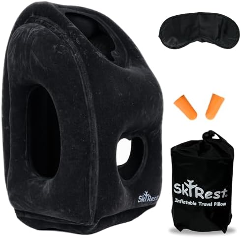 Skyrest Inflatable Travel Pillow - Airplane Neck Support Eye Mask Earplug Included