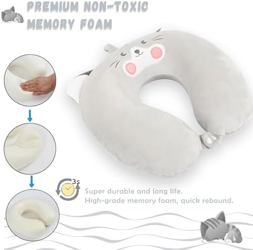 MissSoul Kids Travel Pillow with Eye Mask - Grey Cat