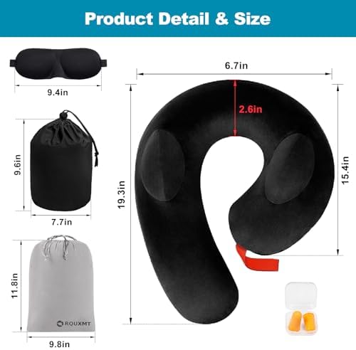 Inflatable Neck Pillow with Soft Velvet and 2 Storage Bags