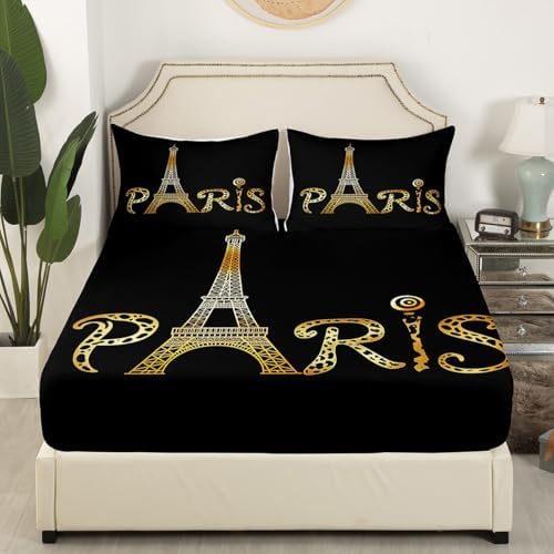 Castle Fairy Eiffel Tower Gold Glitter Sheet Set Twin Size