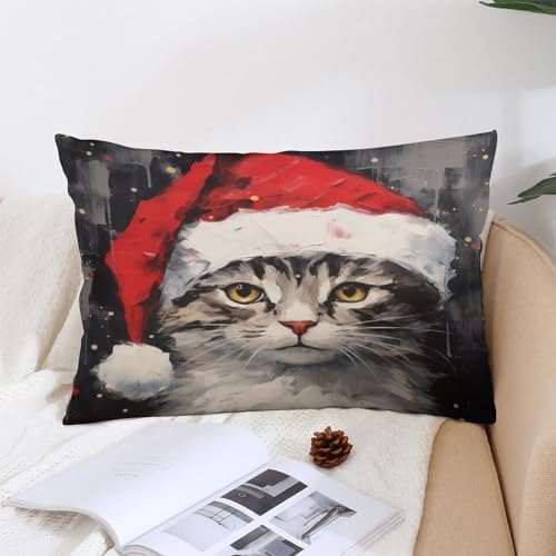 Cute Santa Hat Cat Pillow Cover 12x20