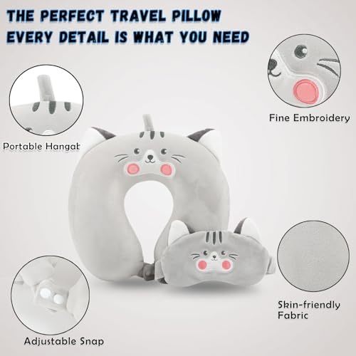 MissSoul Kids Travel Pillow with Eye Mask - Grey Cat