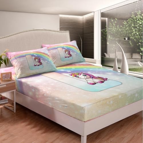 Manfei Unicorn Letter L Starry Rainbow Bed Sheet Set