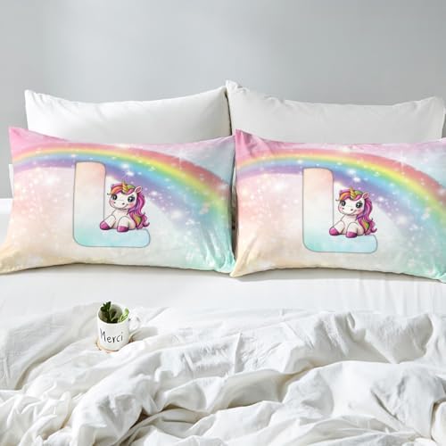 Manfei Unicorn Letter L Starry Rainbow Bed Sheet Set