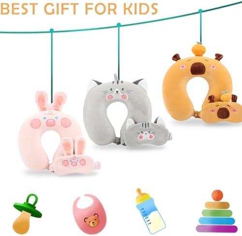 MissSoul Kids Travel Pillow with Eye Mask - Grey Cat