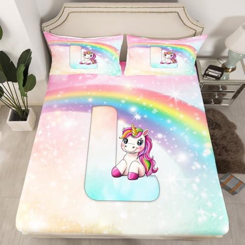 Manfei Unicorn Letter L Starry Rainbow Bed Sheet Set