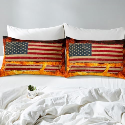 Manfei American Flag Fitted Sheet Queen Size Firefighter Mattress Cover Set