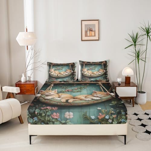 Manfei Sleeping Cats Fitted Sheet Queen Size 1