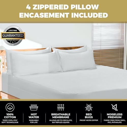 Set of 4 Cotton Terry Pillow Protectors with Zipper - Waterproof Skin-Friendly