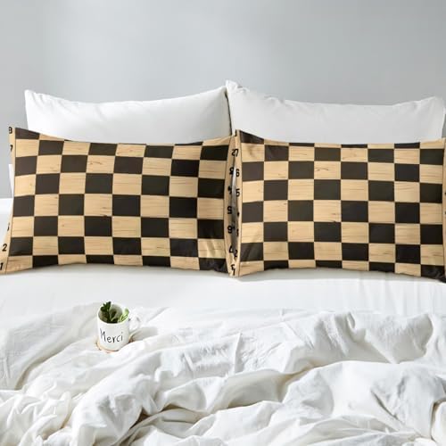 Manfei Geometric Grids Queen Fitted Sheet Set with 2 Pillowcases