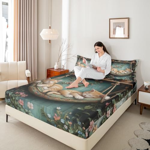 Manfei Sleeping Cats Fitted Sheet Queen Size 1