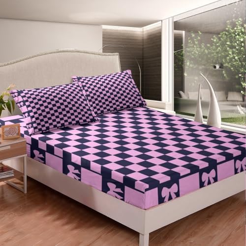 Manfei Purple Bow Grids Fitted Sheet Set Queen Size 1