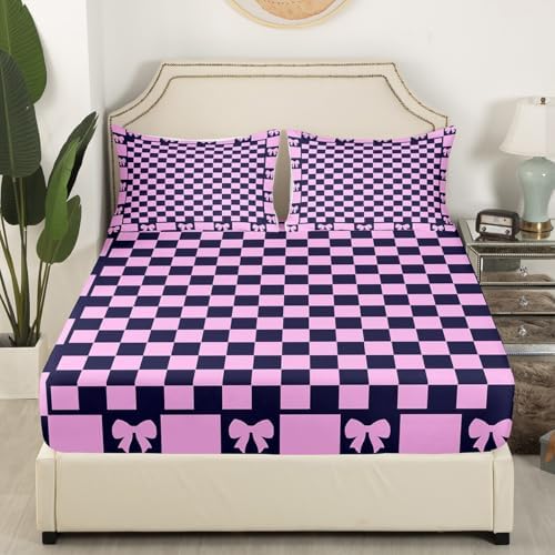 Manfei Purple Bow Grids Fitted Sheet Set Queen Size 1