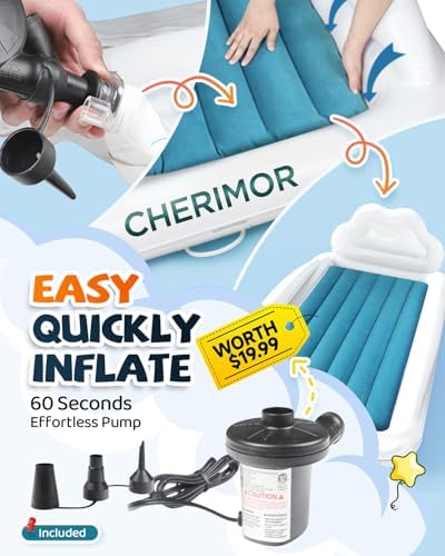 CHERIMOR Toddler Air Mattress with Electric Pump Safety Sides Carry Bag