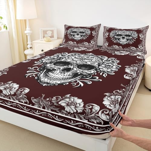 Manfei Gothic Skull Fitted Sheet Set Queen Size 1