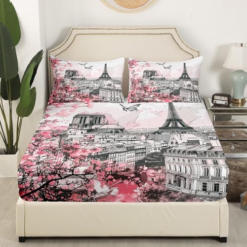 Manfei Pink Flowers Fitted Sheet Set with 2 Pillowcases