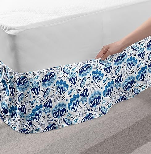 Ambesonne Spring Elastic Bed Skirt with Flower Buds Print Blue White