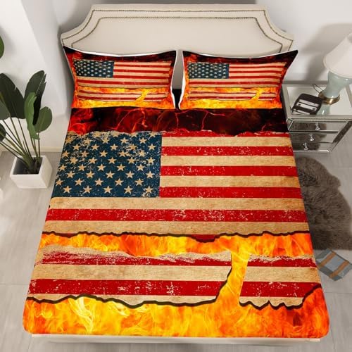 Manfei American Flag Fitted Sheet Queen Size Firefighter Mattress Cover Set