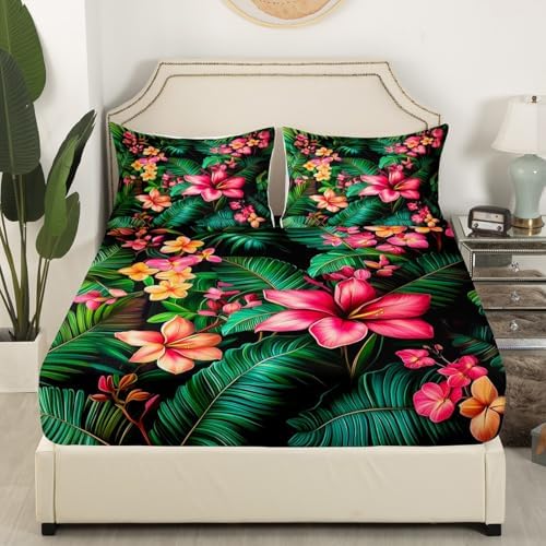 Manfei Tropical Plumeria Flowers Queen Sheet Set