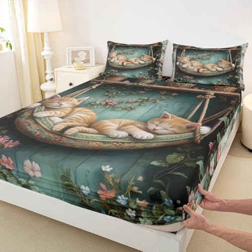 Manfei Sleeping Cats Fitted Sheet Queen Size 1