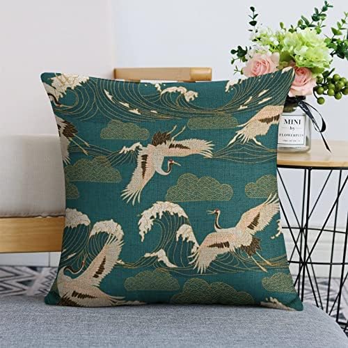JOJOART Japanese White Crane Linen Pillow Covers Set of 2 1