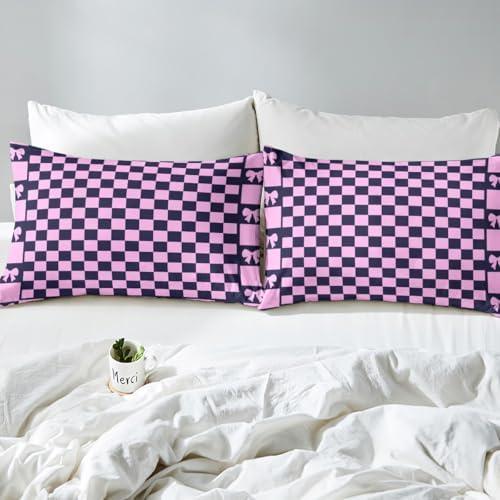 Manfei Purple Bow Grids Fitted Sheet Set Queen Size 1