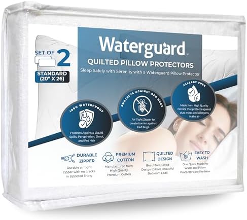 Waterguard Quilted Pillow Protector - Waterproof Bed Bug Proof Zippered