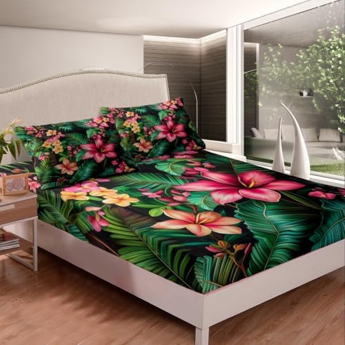 Manfei Tropical Plumeria Flowers Queen Sheet Set