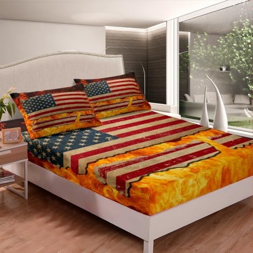 Manfei American Flag Fitted Sheet Queen Size Firefighter Mattress Cover Set