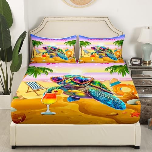 Manfei Sea Turtle Fitted Sheet Queen Size with Pillow Case