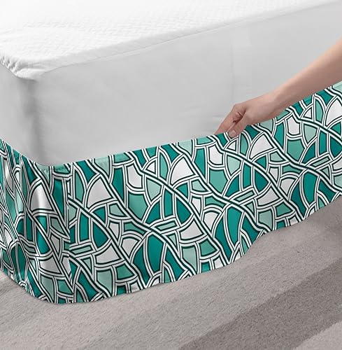 Ambesonne Geometric Bedskirt Retro Tile Pattern Dark Seafoam White