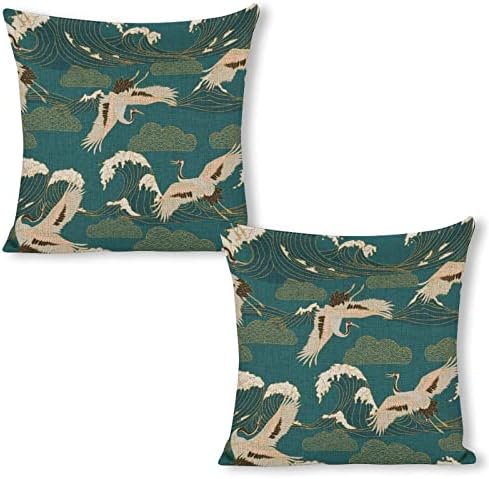 JOJOART Japanese White Crane Linen Pillow Covers Set of 2 1