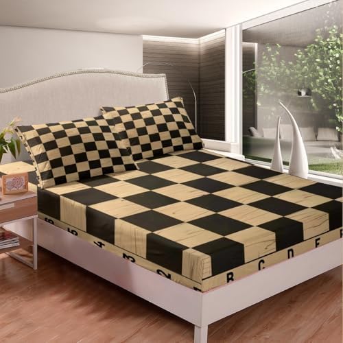 Manfei Geometric Grids Queen Fitted Sheet Set with 2 Pillowcases