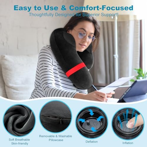 Inflatable Neck Pillow with Soft Velvet and 2 Storage Bags