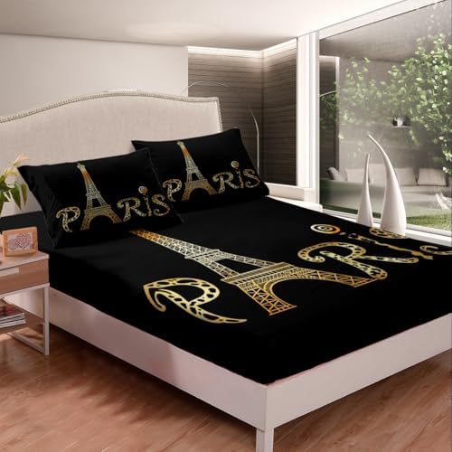 Castle Fairy Eiffel Tower Gold Glitter Sheet Set Twin Size