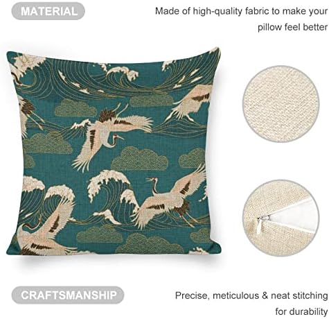 JOJOART Japanese White Crane Linen Pillow Covers Set of 2 1