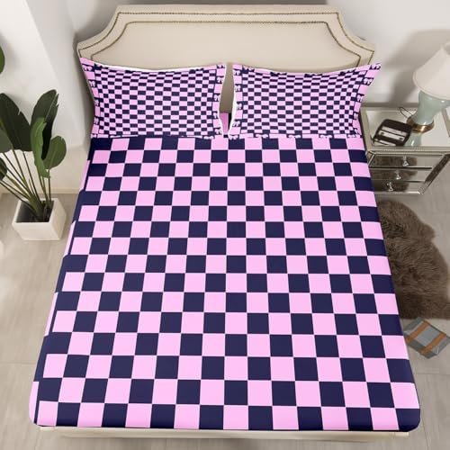 Manfei Purple Bow Grids Fitted Sheet Set Queen Size 1