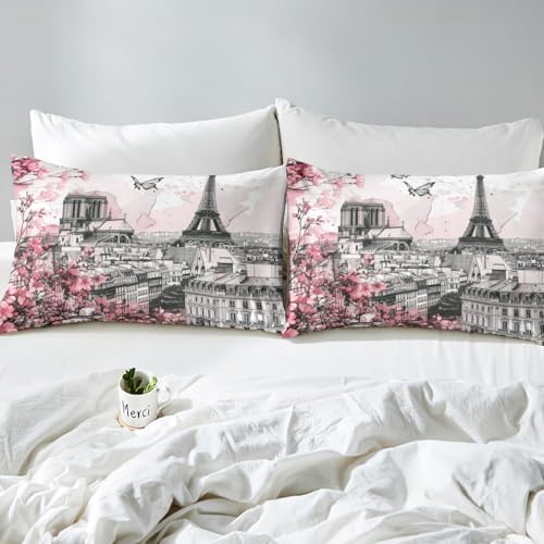 Manfei Pink Flowers Fitted Sheet Set with 2 Pillowcases