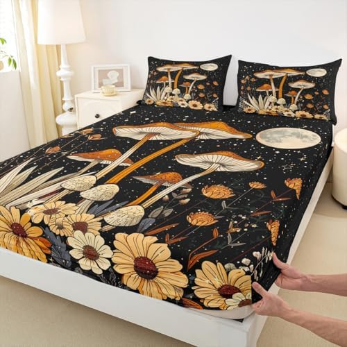 Castle Fairy Mushroom Bed Sheet Set with Gothic Flowers