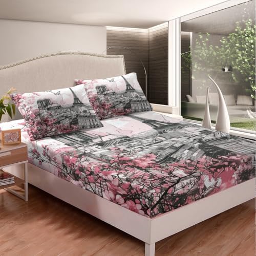 Manfei Pink Flowers Fitted Sheet Set with 2 Pillowcases