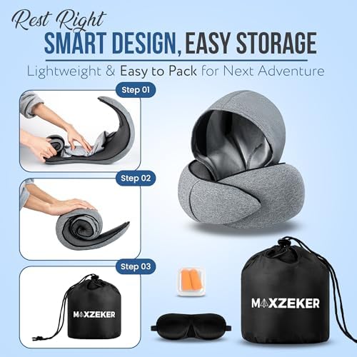 Maxzeker Memory Foam Travel Pillow for Flights and Car Rides