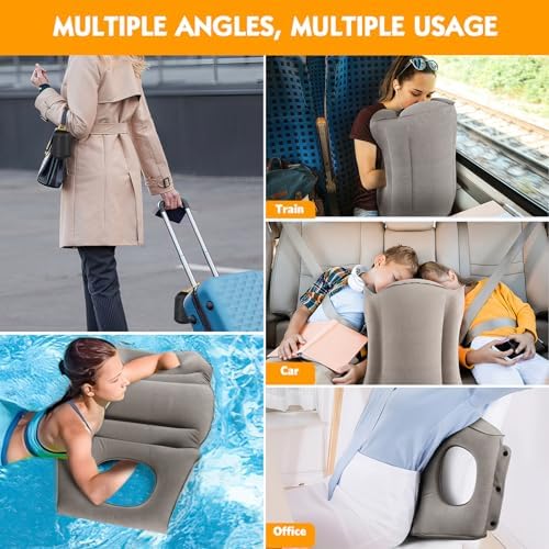 Lewondr Inflatable Travel Pillow with Storage Bag Grey