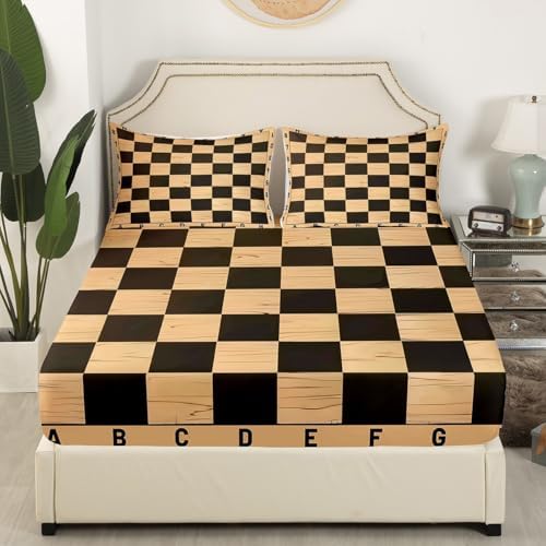 Manfei Geometric Grids Queen Fitted Sheet Set with 2 Pillowcases