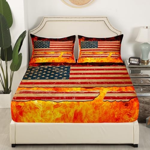 Manfei American Flag Fitted Sheet Queen Size Firefighter Mattress Cover Set