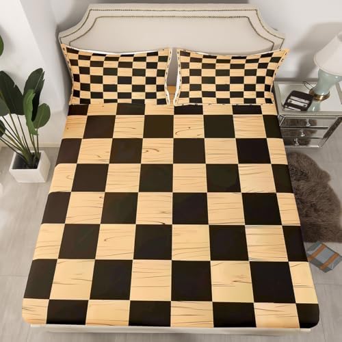 Manfei Geometric Grids Queen Fitted Sheet Set with 2 Pillowcases