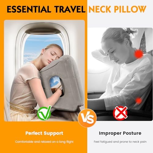 Lewondr Inflatable Travel Pillow with Storage Bag Grey