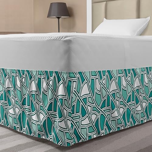 Ambesonne Geometric Bedskirt Retro Tile Pattern Dark Seafoam White